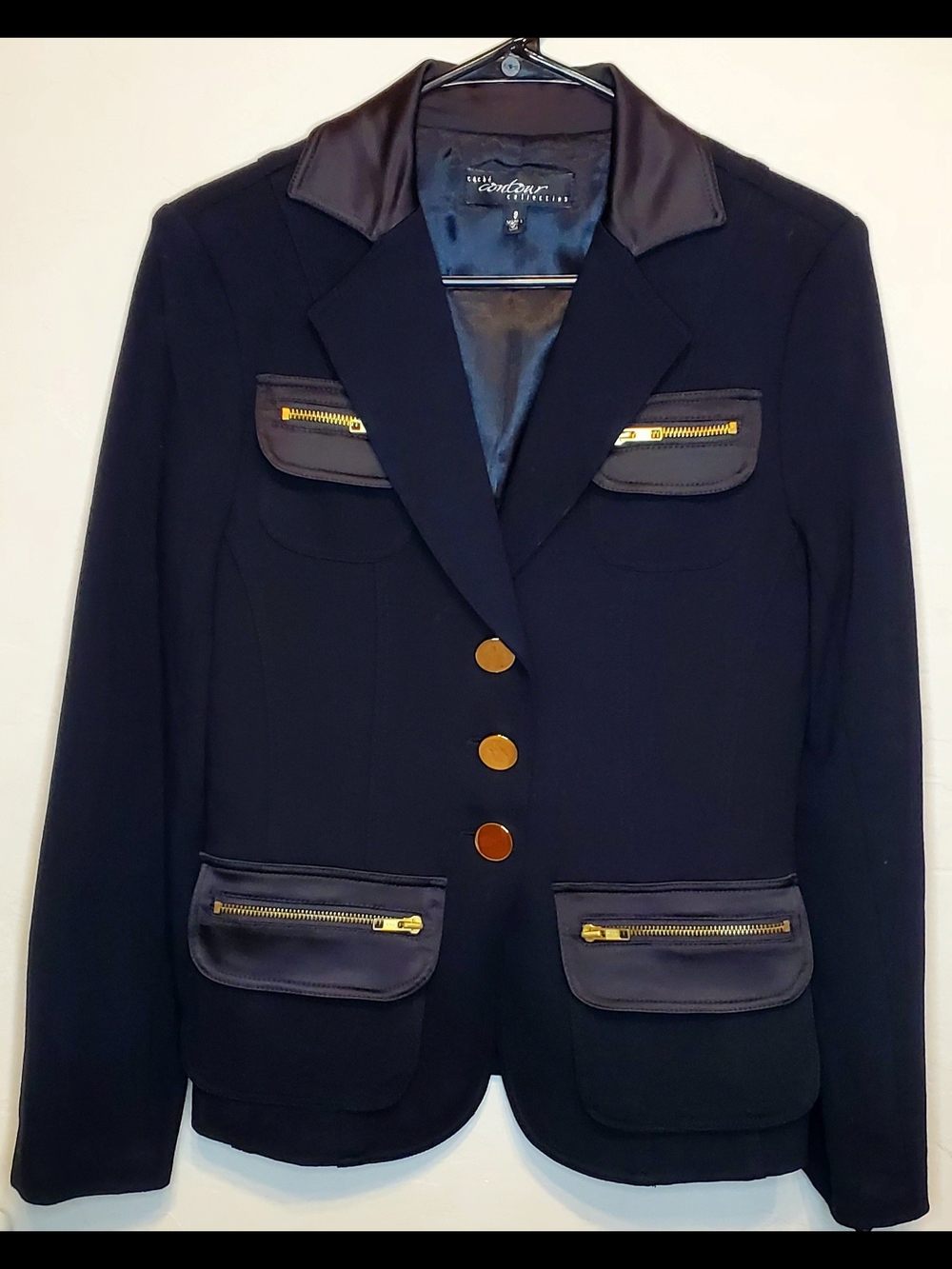 Cache Contour Collection Black Military Blazer Gold Zipper Faux Leather Trim S